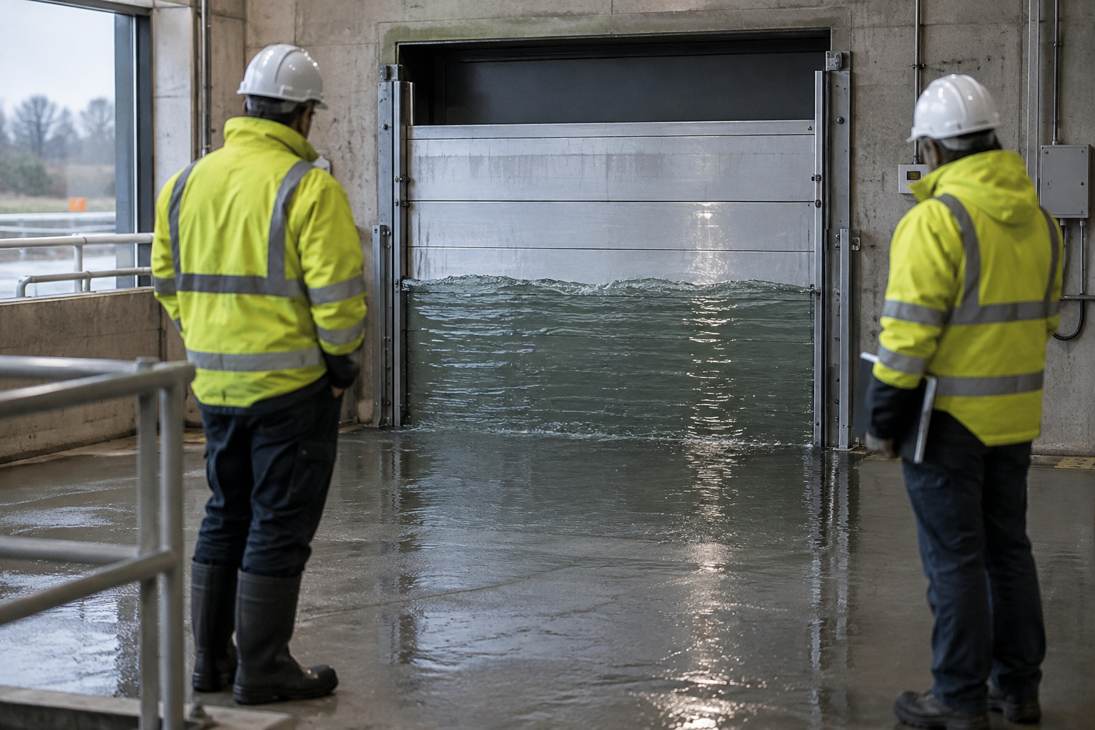 Engineers testing a doorway flood barrier, illustrating the property flood resilience research covered by PFRnet+.