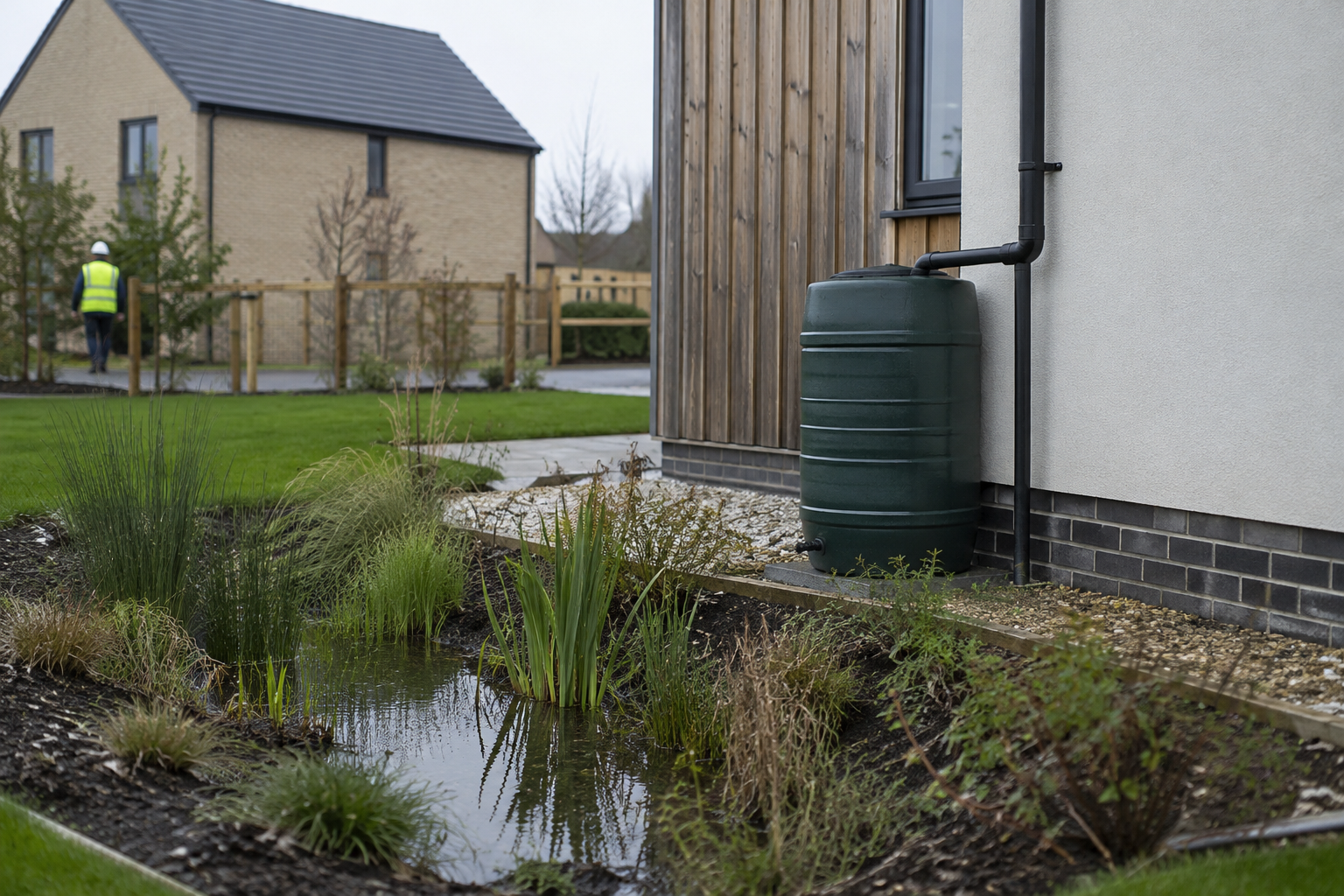 Rainwater harvesting tank and planted SuDS basin beside a new home