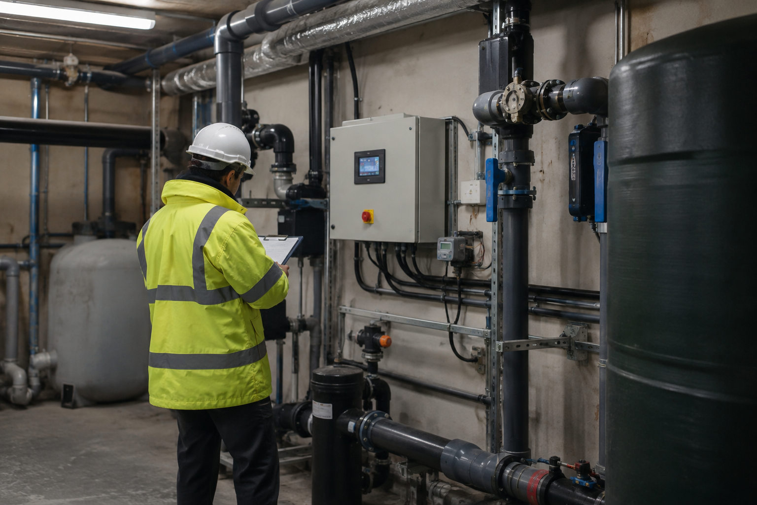 Engineer inspecting rainwater harvesting pipework and a monitoring panel in a school plant room