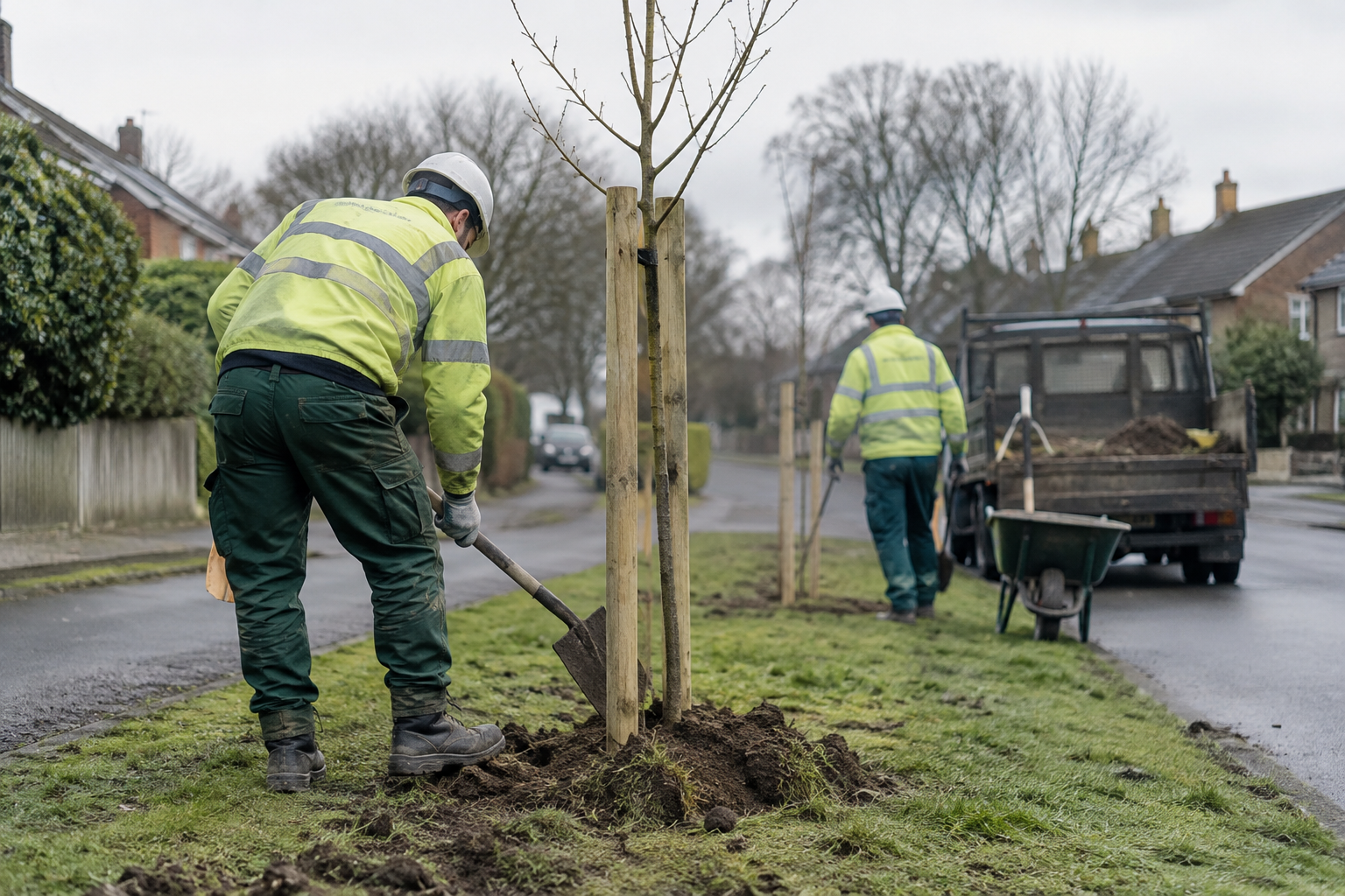Street tree planting illustrating climate adaptation funding for communities