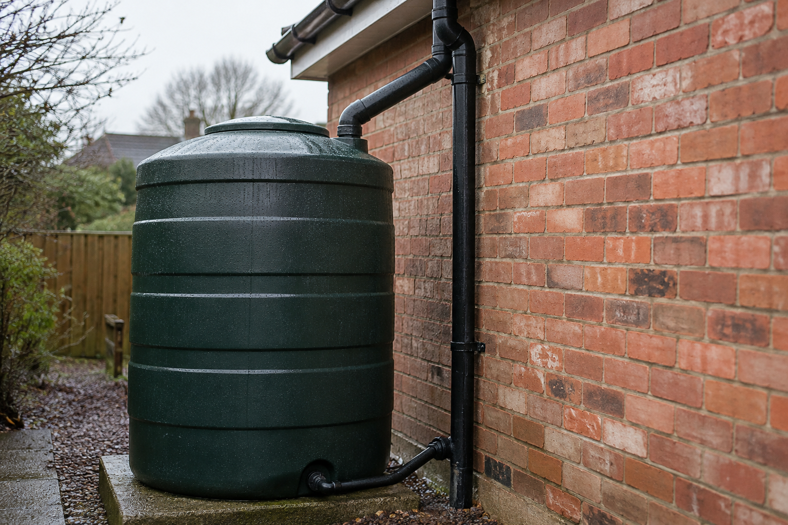 Rainwater tank and pipework beside an existing brick building illustrating water reuse retrofit